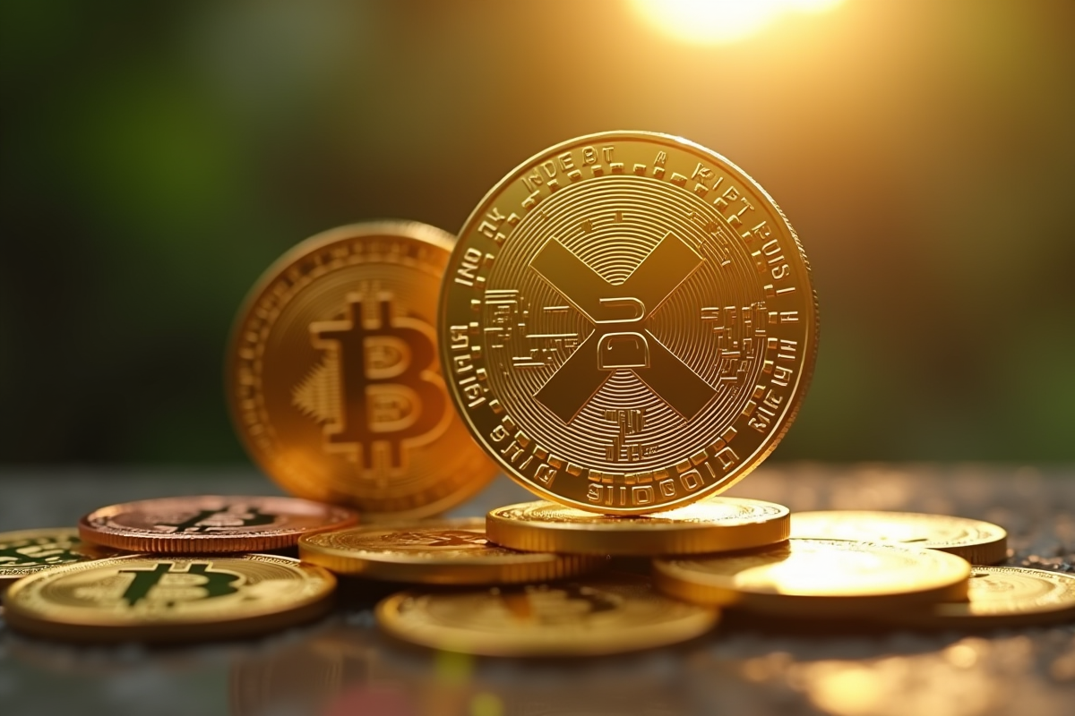 Pièce XRP brillante en évidence sur des cryptomonnaies