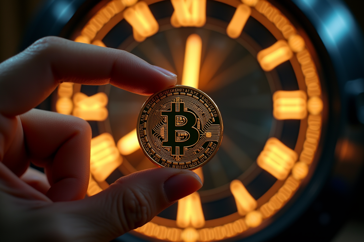 Gros plan sur une pièce Bitcoin devant une horloge numérique lumineuse
