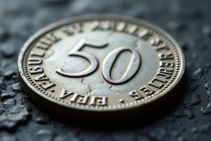 Pièce 50 Francs 1977 argent posée sur ardoise noire avec détails de l'Hercule visibles