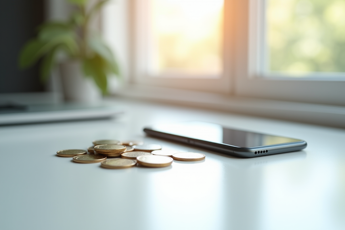 Pièces d euro sur un bureau avec une application de conversion sur smartphone