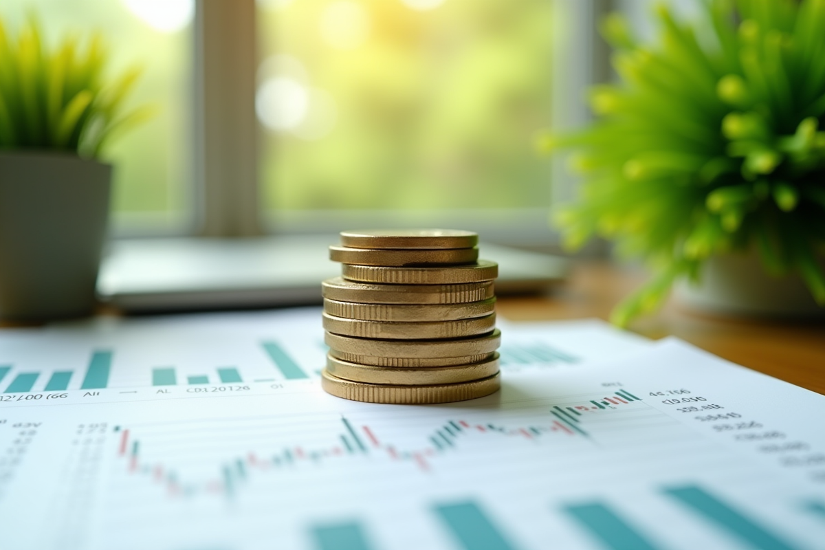 Pièce de monnaie équilibrée sur un rapport financier avec plantes