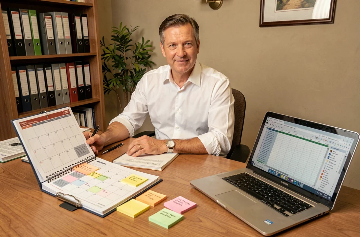 Homme comptable planifiant les échéances du bilan comptable 2026 sur un bureau avec calendrier et notes autocollantes