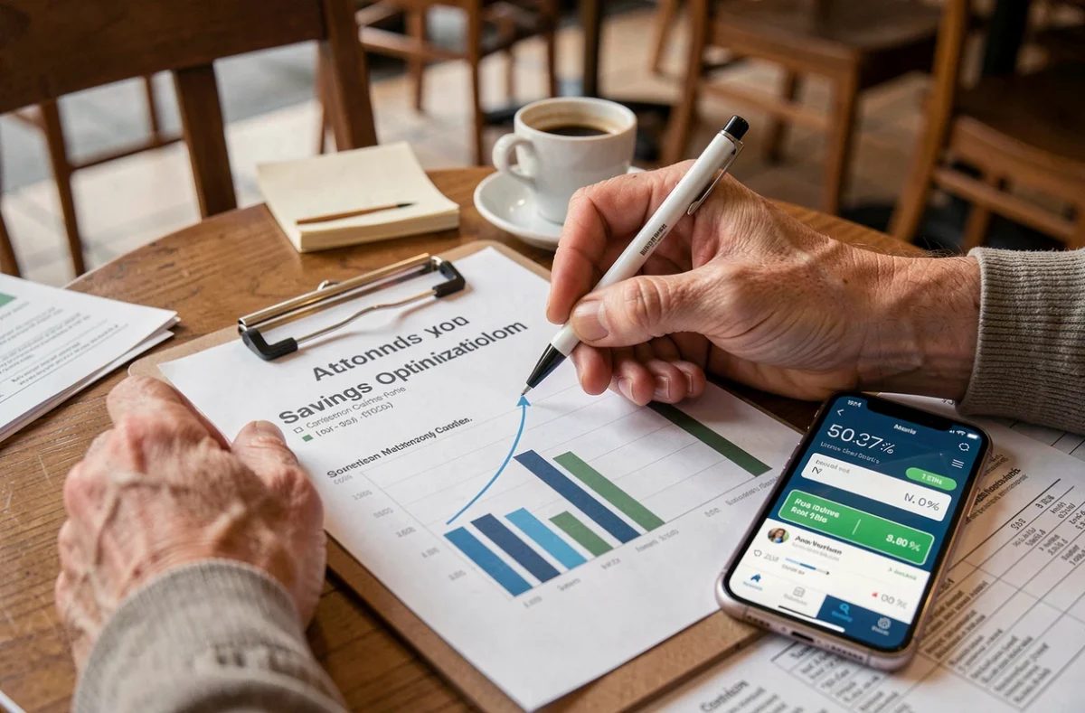 Mains annotant un plan d'épargne Quadretto avec smartphone affichant des taux d'intérêt optimisés