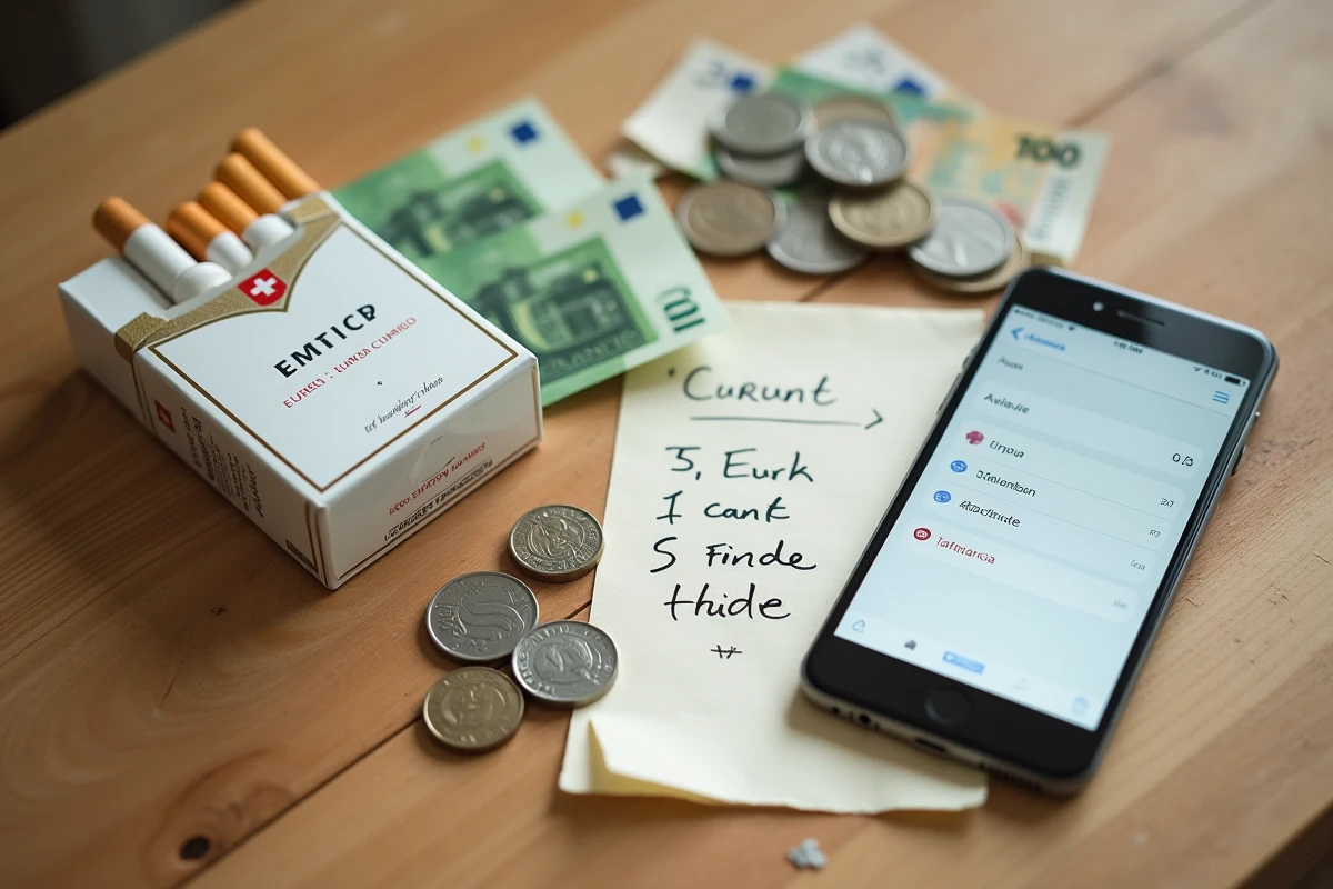 Comparaison du prix du tabac suisse en euros avec des billets, pièces et une note manuscrite sur une table en bois