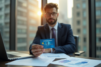 Professionnel élégant tenant une carte American Express dans un bureau moderne