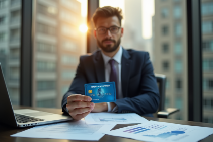 Professionnel élégant tenant une carte American Express dans un bureau moderne