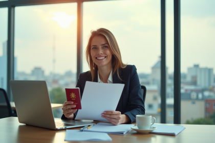 Professionnel souriant tenant documents internationaux et passeport français dans un bureau lumineux