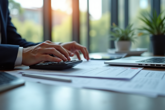 Professionnel d'affaires examinant documents financiers avec TVA