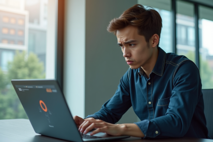 Jeune professionnel frustré devant un laptop avec erreurs fintech