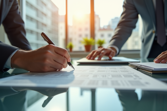 Professionnel d'affaires signant des documents dans un bureau moderne