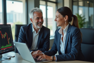Homme et femme en bureau moderne discutant finance