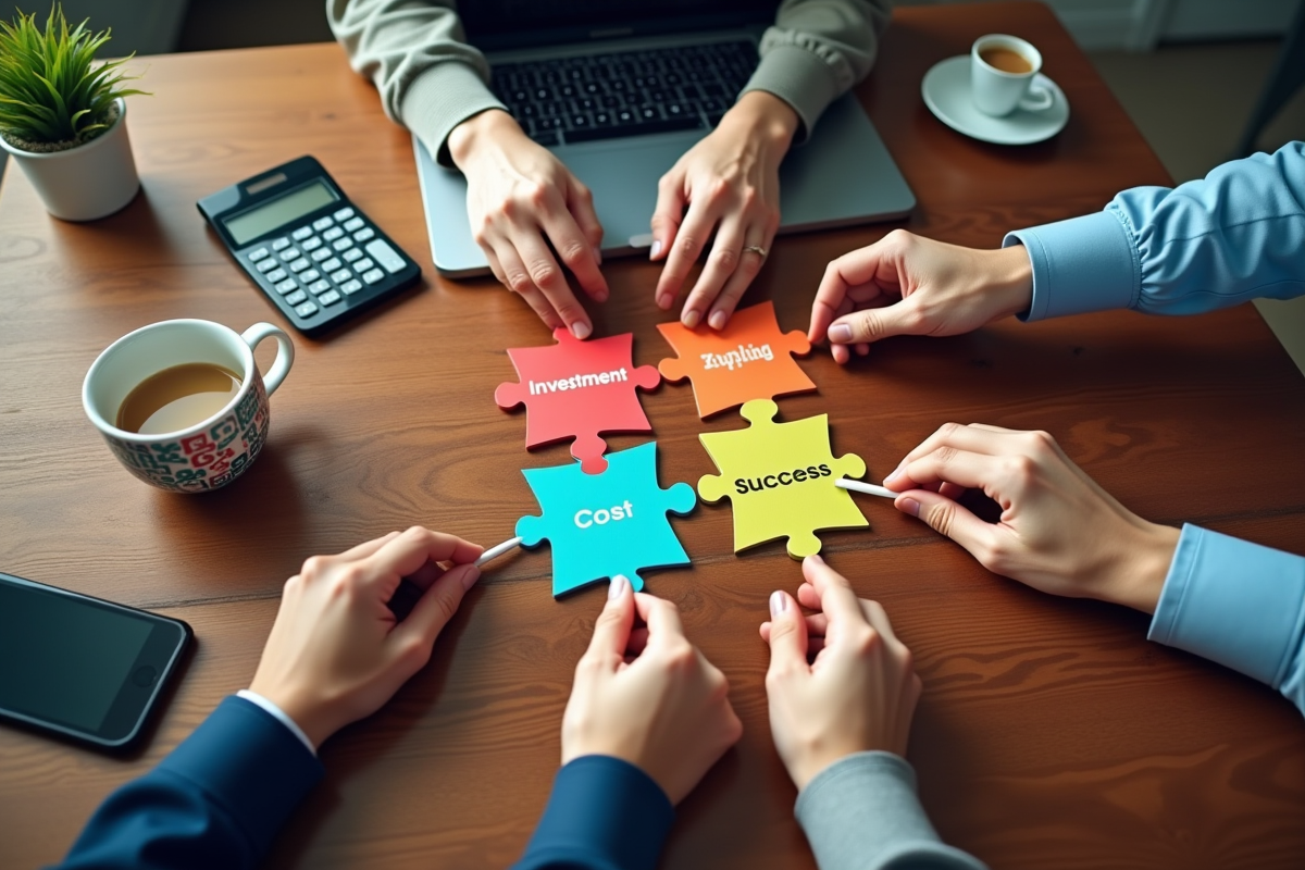 Mains assemblant des pièces de puzzle sur un bureau de travail