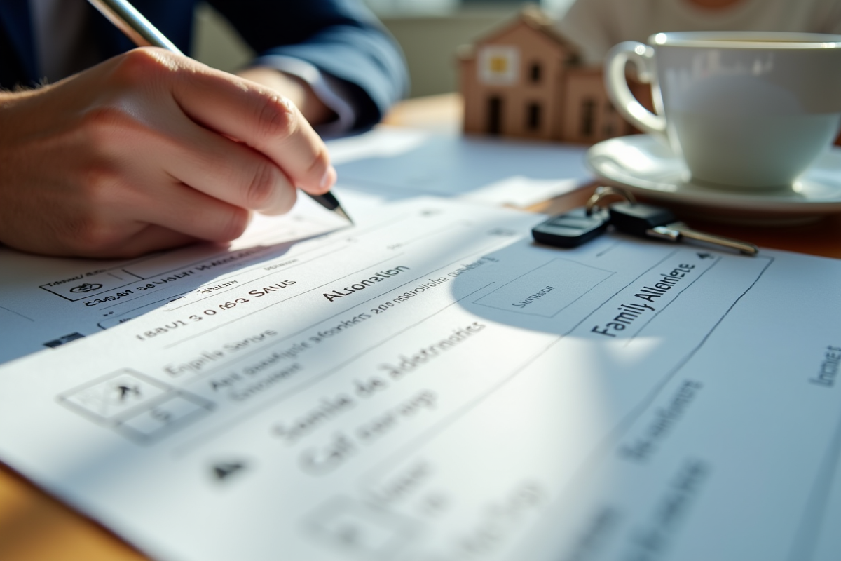 Gros plan sur des mains remplissant un formulaire de prêt immobilier avec document CAF