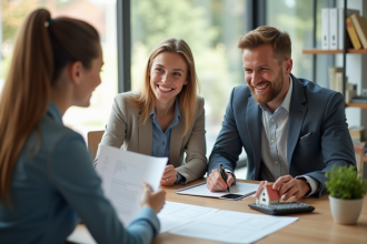 Jeune couple souriant rencontrant un banquier dans un bureau moderne