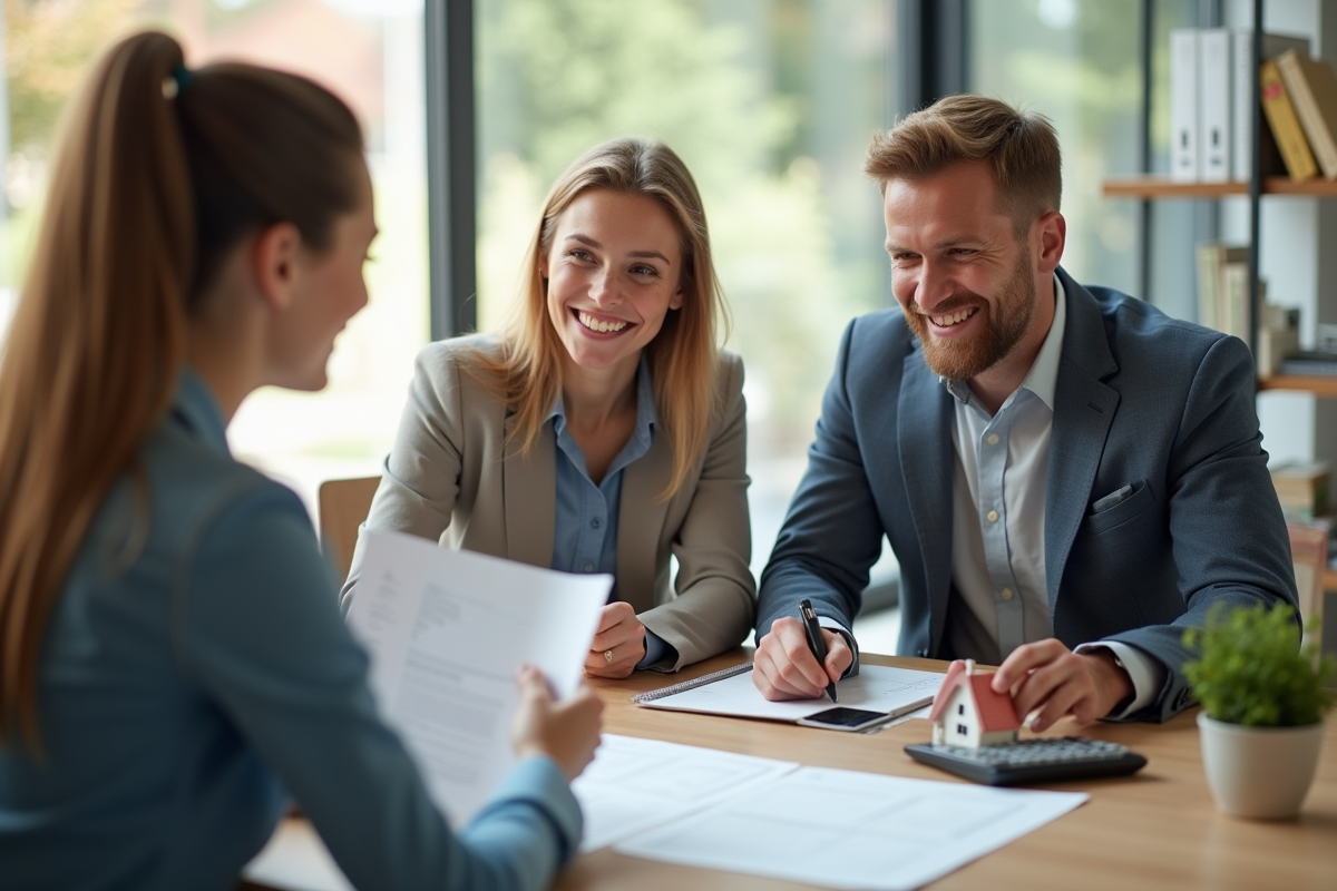 Jeune couple souriant rencontrant un banquier dans un bureau moderne