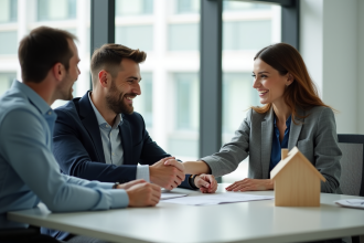 Jeune couple souriant avec banquier dans un bureau moderne