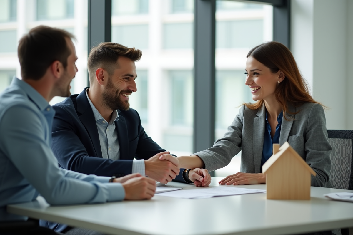 Jeune couple souriant avec banquier dans un bureau moderne
