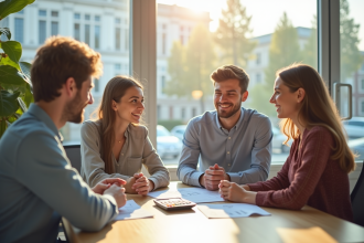 Jeune couple rencontrant un conseiller bancaire dans un bureau lumineux