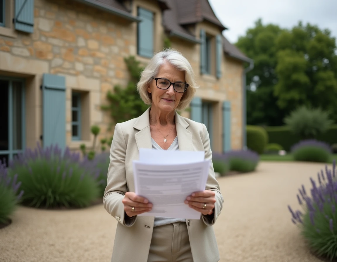 Propriétaire tenant une déclaration fiscale devant une résidence secondaire en pierre à la campagne