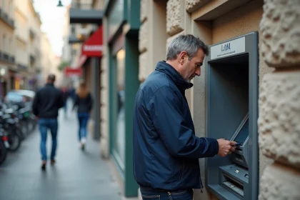 Homme retirant de l'argent à un distributeur de billets en pleine rue en France