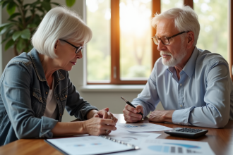 Femme senior et conseiller financier examinant documents de retraite