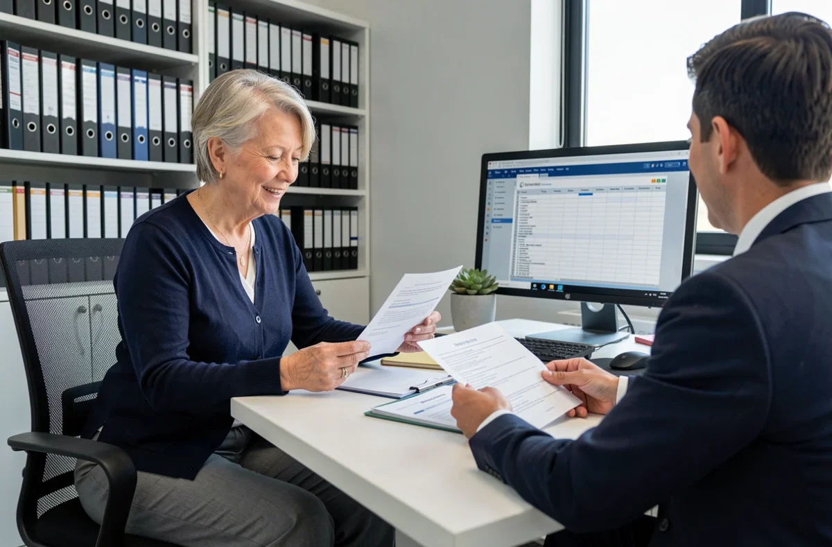 Femme retraitée consultant un conseiller fiscal au sujet des droits cachés du formulaire 2041-DPTF-SD