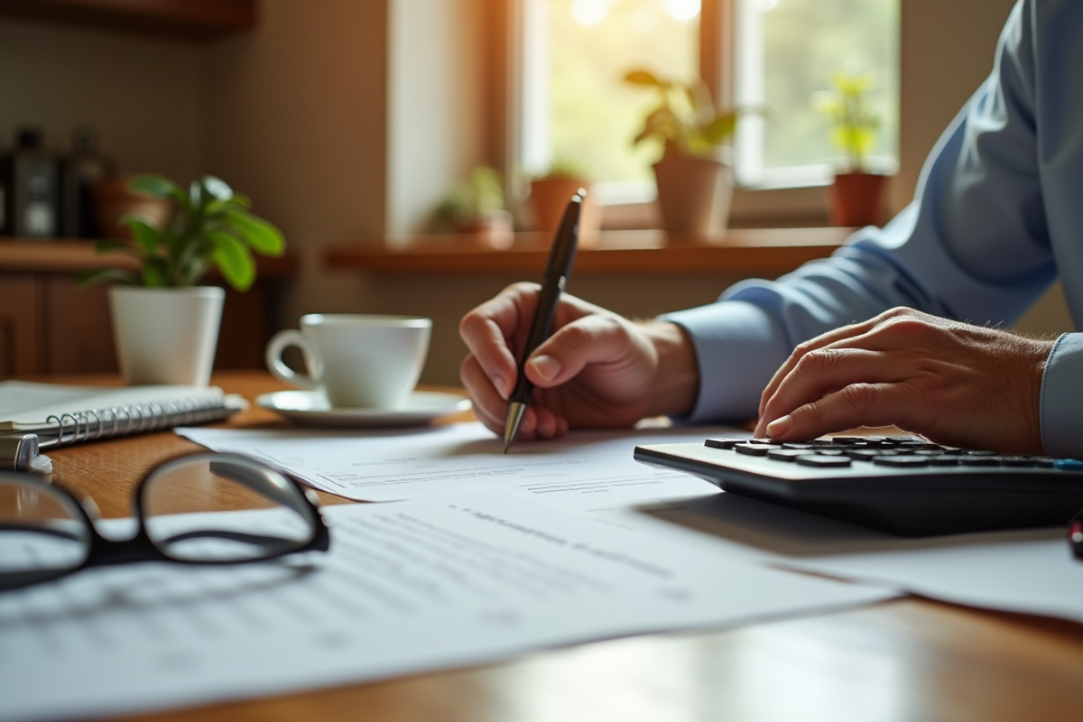 Personne âgée examinant des papiers de retraite avec calculatrice à la maison