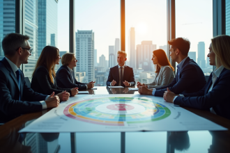Réunion d'affaires moderne avec un cadre stratégique inspiré de Porter