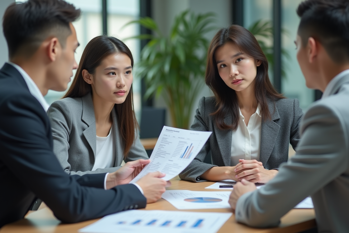 Femme et homme analysant un graphique financier en réunion