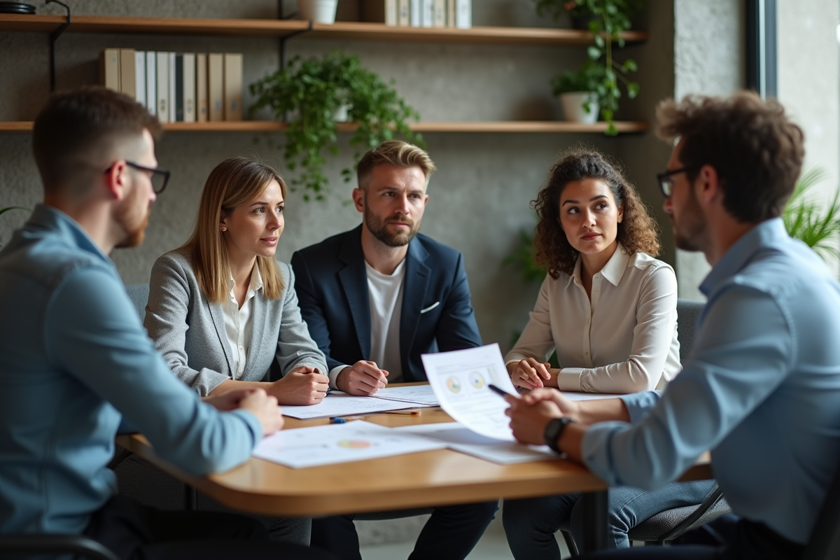 Groupe de quatre collègues divers lors d une réunion en entreprise