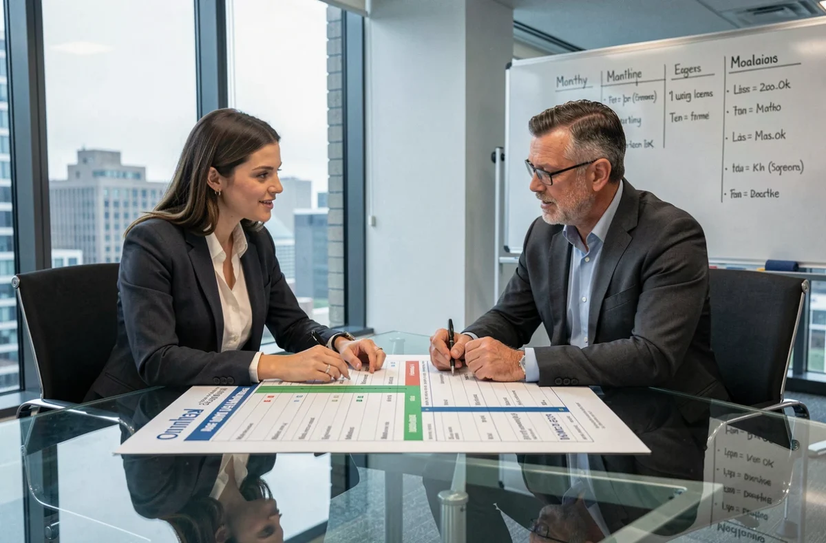 Deux professionnels discutant du calendrier mensuel pour respecter la date limite du bilan comptable 2026 en salle de réunion