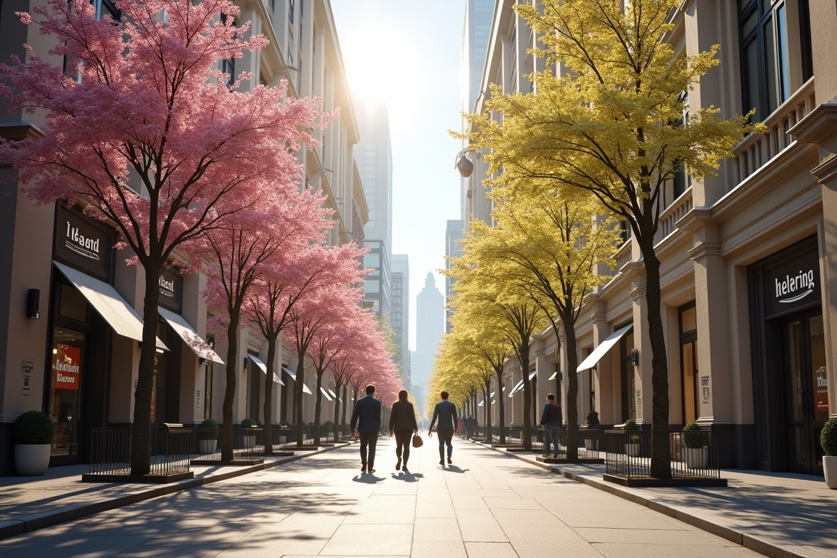 Rue animée dans une ville prospere avec boutiques et banques
