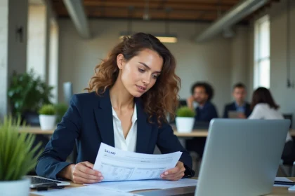 Femme cadre consultant des documents sur le salaire moyen en France dans un bureau moderne parisien