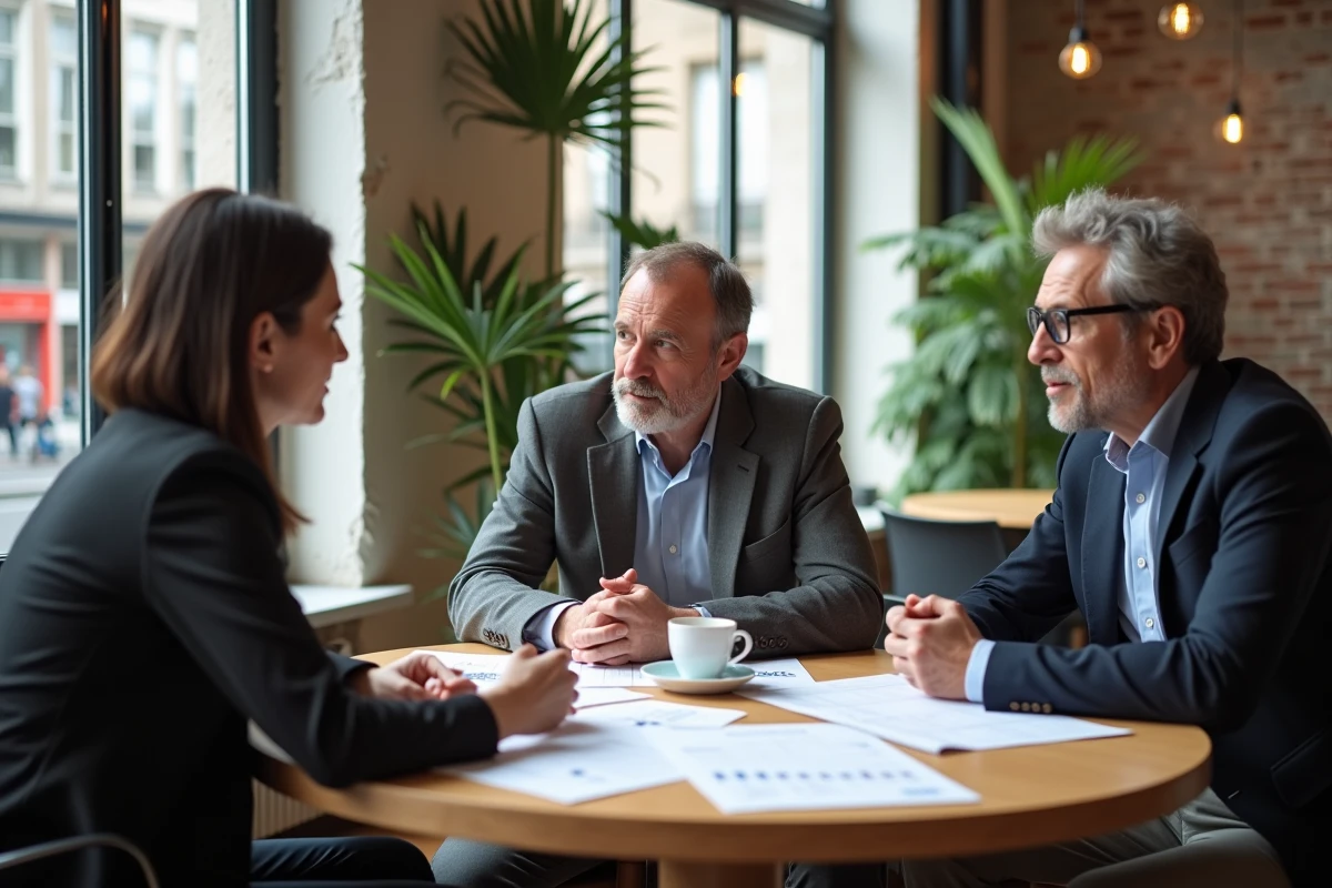 Groupe de professionnels français discutant des salaires moyens autour d'une table dans un espace de coworking