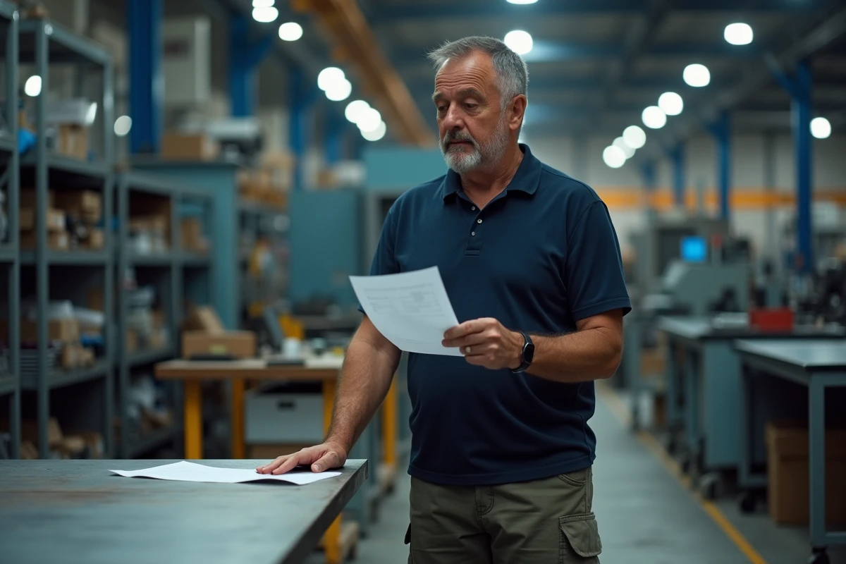Ouvrier français tenant une fiche de paie dans une usine, illustrant le salaire moyen en France