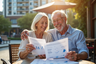 Couple senior souriant discutant à une terrasse de café