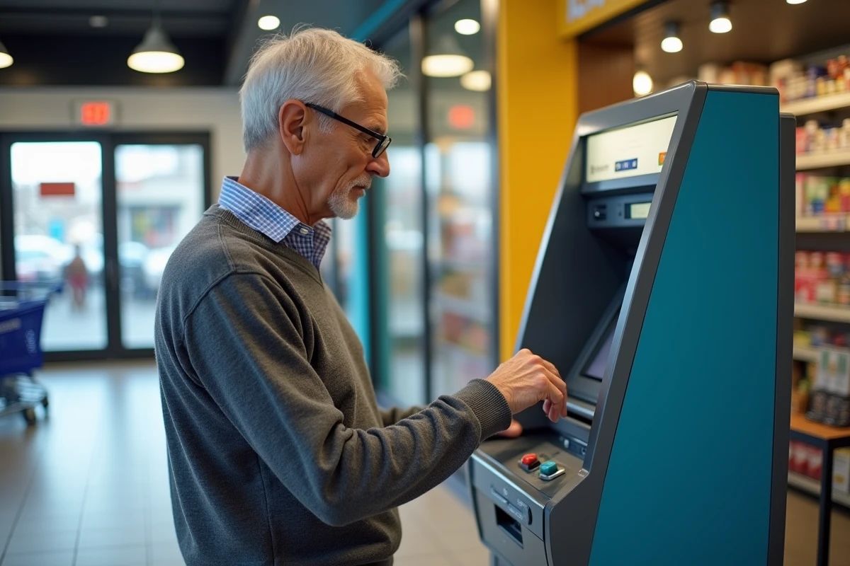 Senior retirant de l'argent à un distributeur automatique près d'un supermarché en France