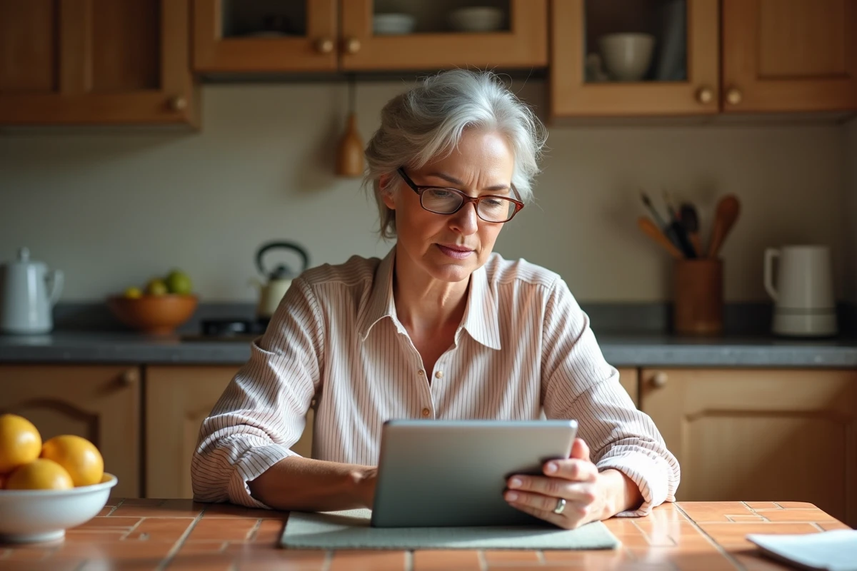 Femme senior utilisant une tablette pour gérer son espace particulier bancaire dans une cuisine moderne
