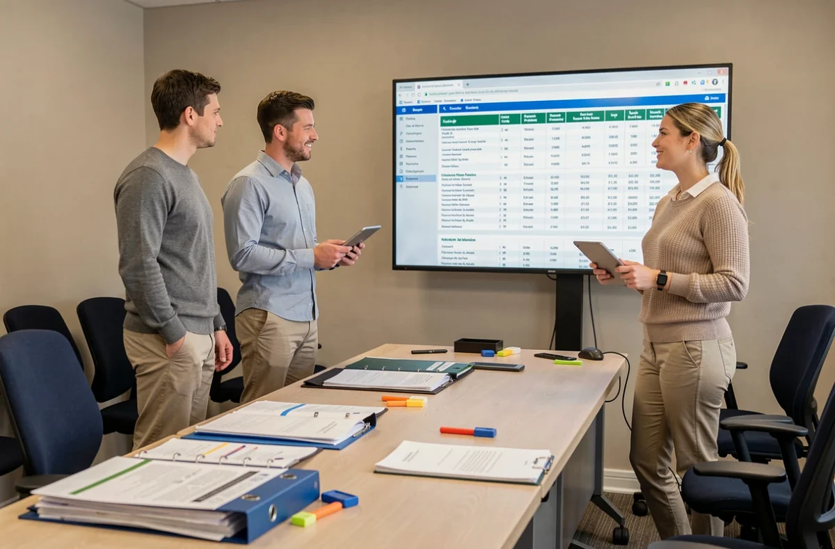 Groupe de nouvelles recrues en formation autour d'un écran présentant les tableaux du Commercial Lines Manual en salle de formation
