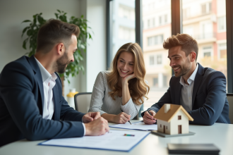 Jeune couple signant un prêt immobilier dans un bureau lumineux