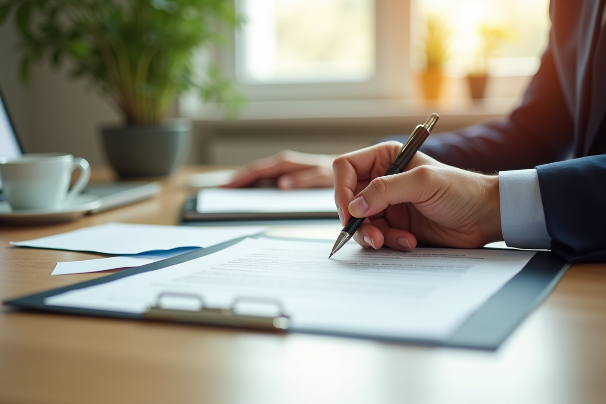 Mains signant un contrat de renegociation de pret avec une tasse