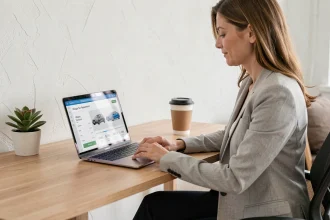 Femme consultant un simulateur de frais kilométriques pour véhicules électriques sur un ordinateur portable au bureau