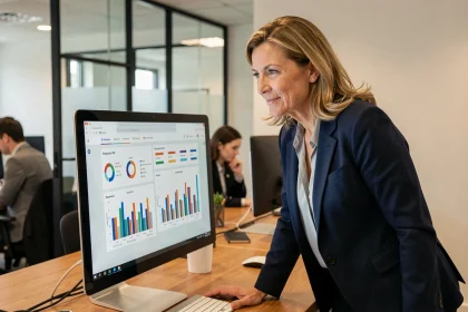 Femme professionnelle analysant un simulateur de retour sur investissement sur écran dans un bureau moderne