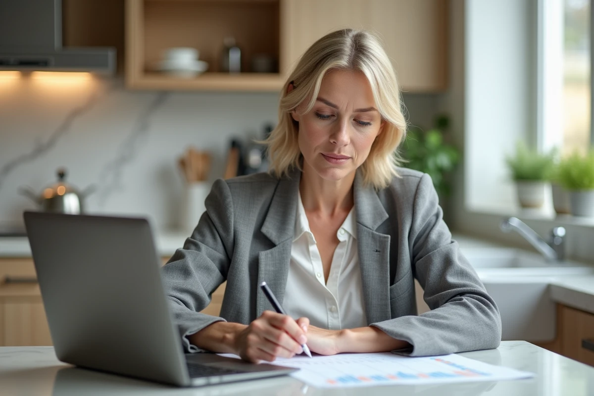 Femme calculant ses heures supplémentaires sur un simulateur de salaire en ligne depuis sa cuisine