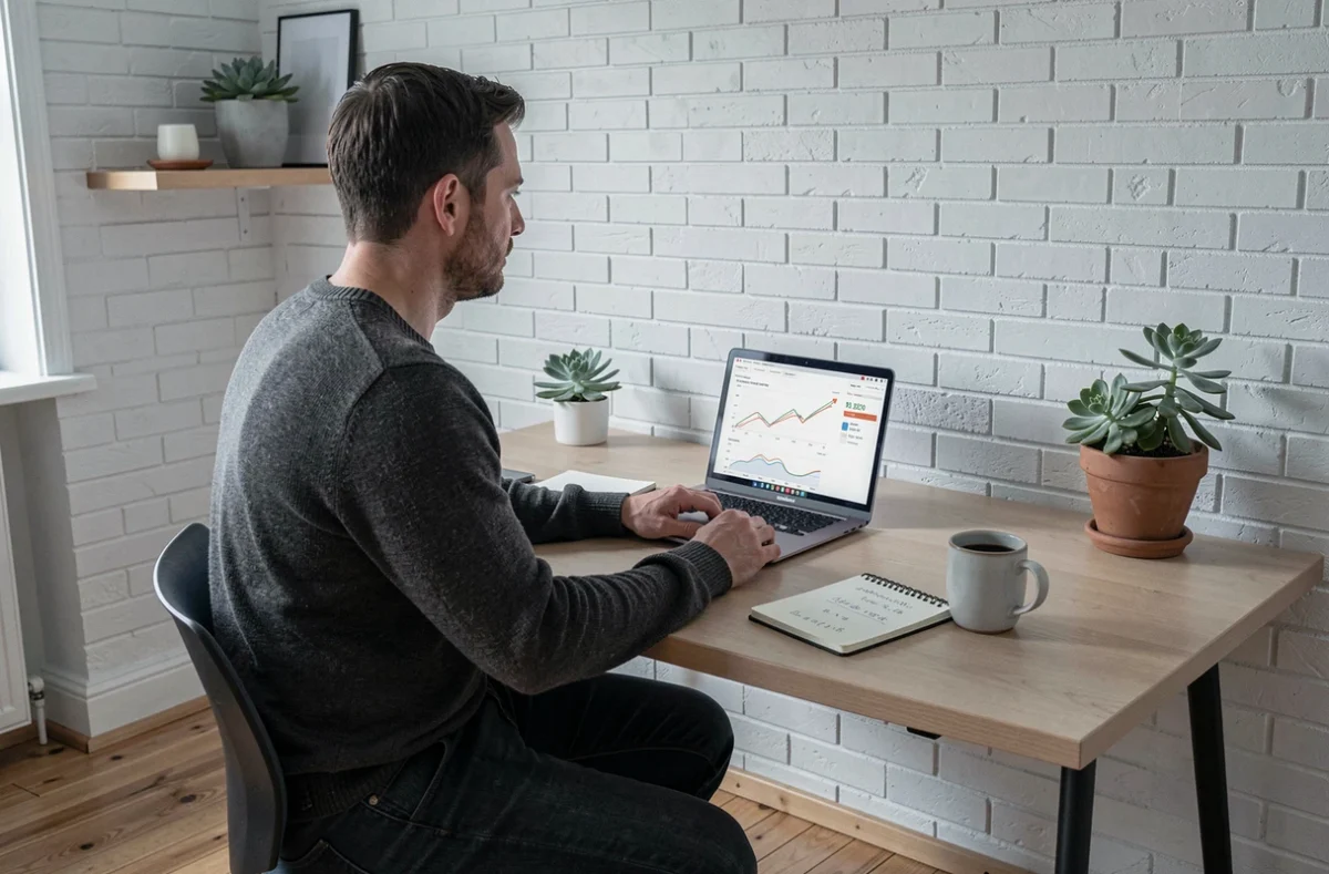 Homme travaillant depuis chez lui sur une simulation de rentabilité d'investissement sur laptop