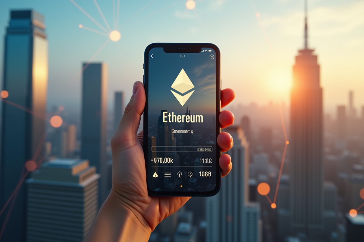 Main tenant un smartphone avec logo Ethereum face à une ville moderne en plein jour