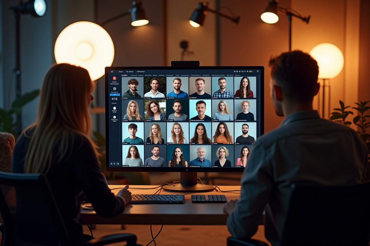 Photographe et client discutant d’un portfolio numérique de portraits