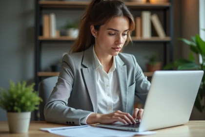 Femme en blazer gris vérifiant des factures impayées sur un ordinateur portable dans un bureau à domicile moderne