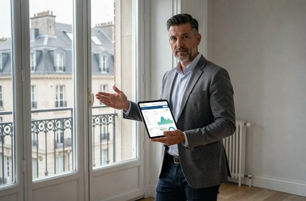 Sven Lamour, conseiller iad à La Rochelle, présentant un tableau de bord de rendement locatif sur tablette dans un appartement lumineux avec vue sur la ville historique