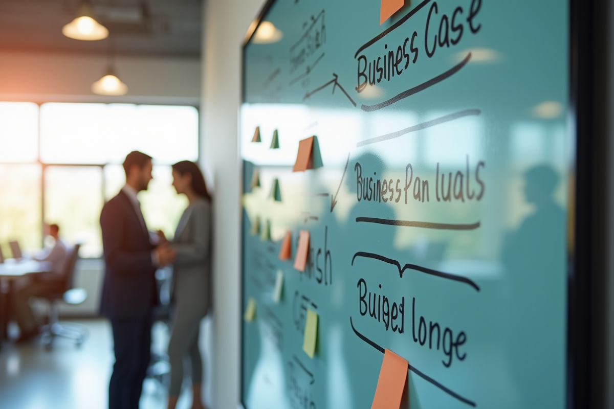 Tableau avec diagrammes et notes sur le business plan et étude de cas